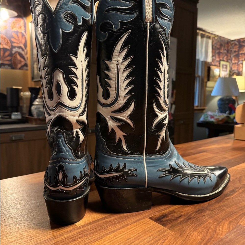 Lucchese double eagle custom handmade Black, Blue & White Western Cowboy Boots - Picture 3 of 6